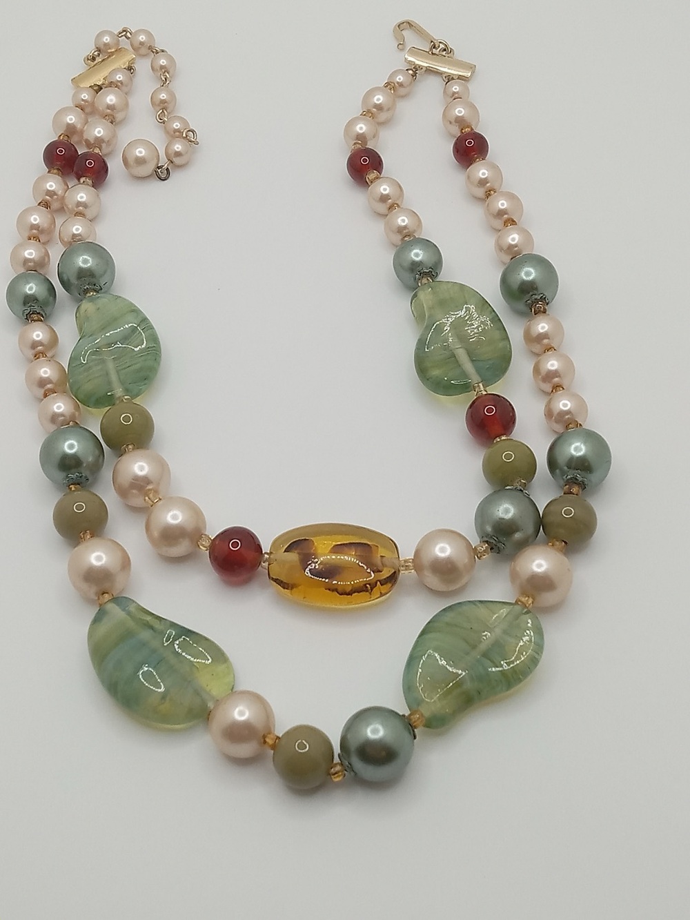 Vintage Japan Double Strand Art Glass Faux Pearl Green Bead Necklace 15” MCM